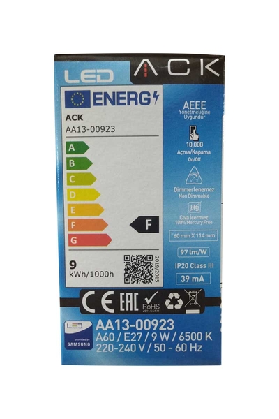 ACK AA13-00923 9W E27 6500K Beyaz Led A60 Ampul - Thumbnail
