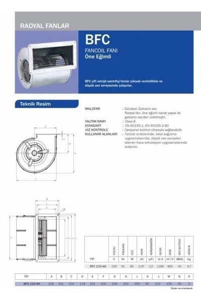 Bahçıvan BFC 133-4K 95W 750m3/h Monofaze Öne Eğimli Fan Coil Fanı - Thumbnail