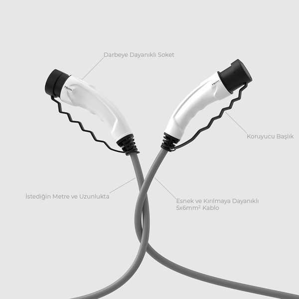 Hims EMEF-22T2-GB-7 22kW Tip 2 Soketli Gri 7m Elektrikli Araç Şarj Kablosu - Thumbnail
