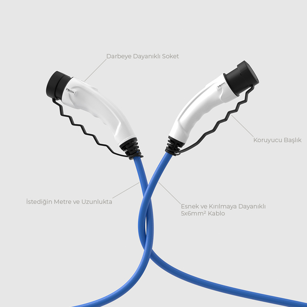 Hims EMEF-22T2-MB-7 22kW Tip 2 Soketli Mavi 7m Elektrikli Araç Şarj Kablosu - Thumbnail