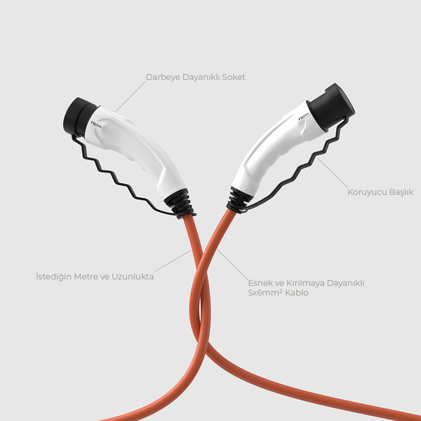 Hims EMEF-22T2-TB-5 22kW Tip 2 Soketli Turuncu 5m Elektrikli Araç Şarj Kablosu - Thumbnail