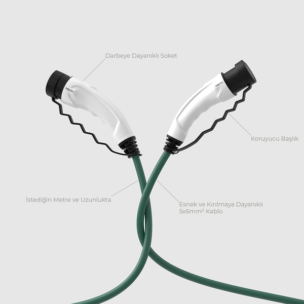 Hims EMEF-22T2-YB-5 22kW Tip 2 Soketli Yeşil 5m Elektrikli Araç Şarj Kablosu - Thumbnail