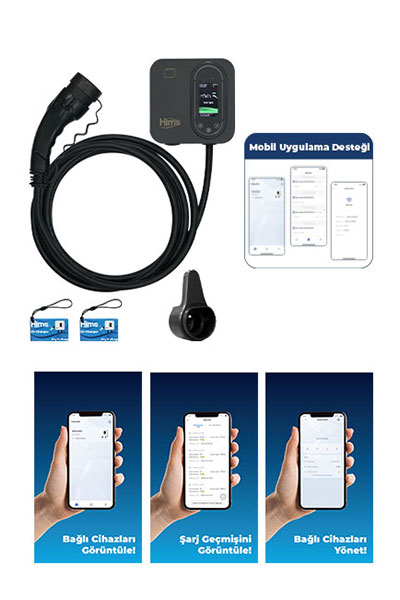 Hims HCDKS-22 22kW Tip 2 Soketli 5m Kablolu Siyah Smart Elektrikli Araç Şarj İstasyonu - Thumbnail