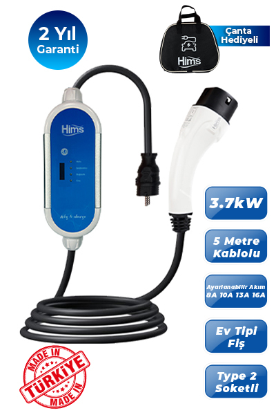 Hims HCTK-G-3 3.7kW Gümüş Taşınabilir Elektrikli Araç Şarj Cihazı - Thumbnail
