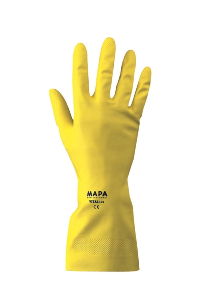 Mapa - Mapa Vital Eco 124 No 7 Sarı Pamuklu Flok Astarlı Lateks Sıvı Geçirmez İş Eldiveni