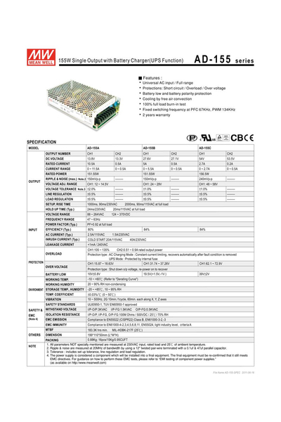 Mean Well - Mean Well AD-155A 155W 13.8V 10.5A Ups Fonksiyon Mean Well AD-155A 155W 13.8V 10.5A Ups Fonksiyon - Thumbnail