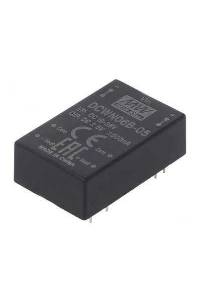 Mean Well DCWN06B-05 6W 18-36VDC +-5VDC 500mA DIP Regüleli Çift Çıkışlı İzole Dönüştürücü