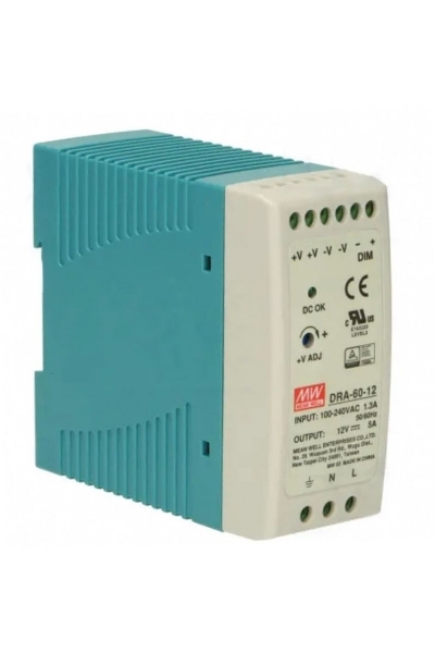 Mean Well DRA-60-12 60W 12VDC 5A 90-264VAC Dimedilebilir Ray Montajlı Power Supply