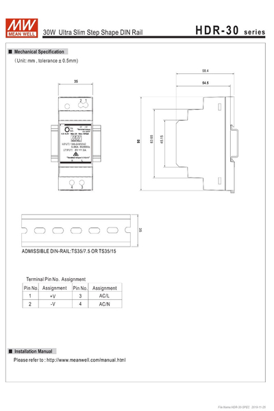 Mean Well HDR-30-12 24W Yeni Seri Ray Montaj - Thumbnail
