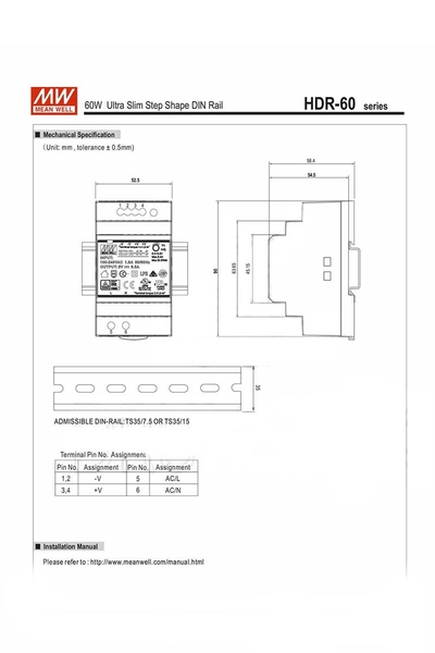Mean Well HDR-60-24 60W 24V 2.5A Ray Montaj - Thumbnail