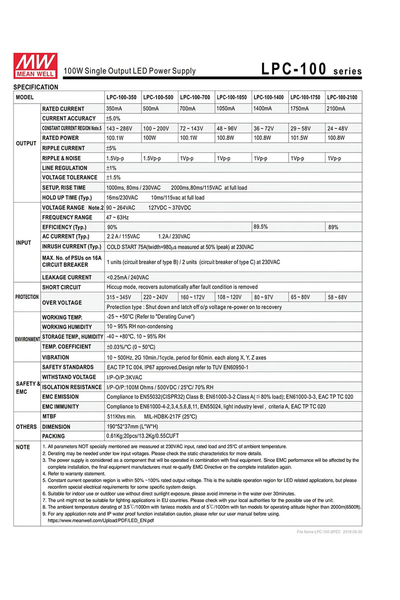 Mean Well LPC-100-2100 100W 48Vdc 2.1A Led Sürücü - Thumbnail
