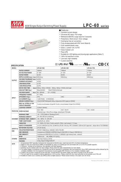 Mean Well LPC-60-1050 50W 9-48Vdc 1.05A Led Sürücü - Thumbnail