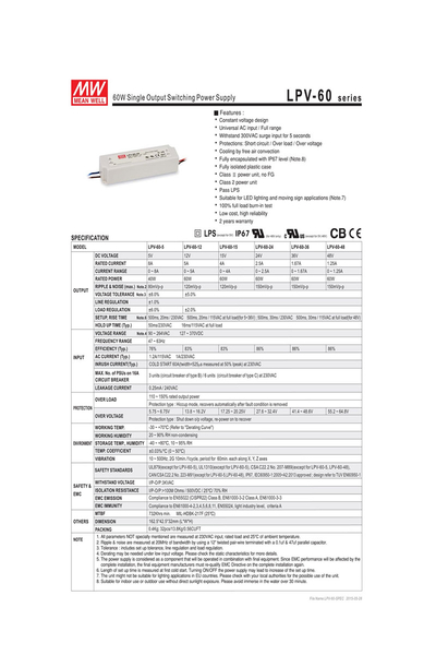 Mean Well - Mean Well LPV-60-24 60W 24V 2.5A Ekonomik Led Sürücü Mean Well LPV-60-24 60W 24V 2.5A Ekonomik Led Sürücü - Thumbnail