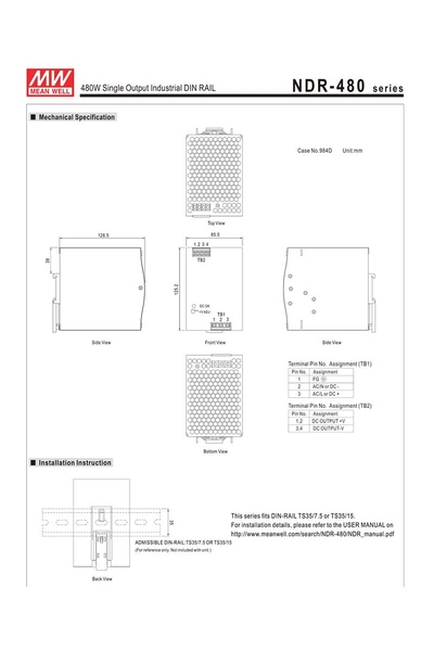 Mean Well NDR-480-24 480W 24V 20A Ray Montaj Led Sürücü - Thumbnail
