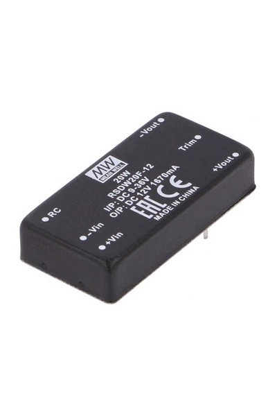 Mean Well RSDW20F-12 20W 9-36VDC 12VDC 1670mA DIP Tek Çıkışlı Rail Montaj Dönüştürücü