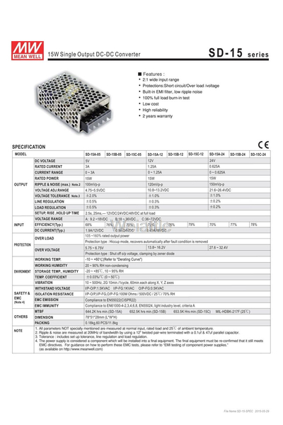 Mean Well SD-15B-24 0.625A 24V 15W DC-DC Dönüştürücü - Thumbnail