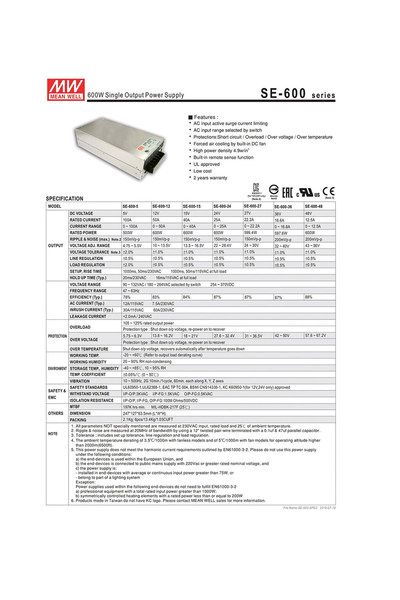 Mean Well SE-600-12 600W 12VDC 50A Kutulu Ekonomik Tek Çıkışlı Kapalı Kasa Power Supply - Thumbnail
