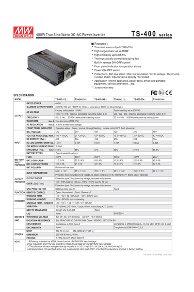Mean Well TS-400-212B 400W 12V 40A Sinüs İnverter - Thumbnail
