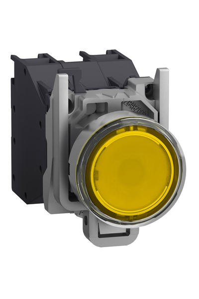 Schneider XB4BP583BM5GEX Harmony XB4 24-254VAC/DC Sıva Altı Yay Dönüşlü Metal Sarı Komple Aydınlatmalı Basmalı Buton
