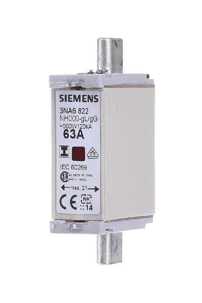 Siemens 3NA6822 63A Boy 000 Cıft Gostergelı Izole Kapaklı Bıçaklı Sigorta Buşonu