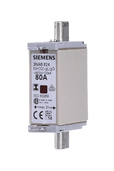 Siemens - Siemens 3NA6824 80A Boy 000 Cıft Gostergelı Izole Kapaklı Bıçaklı Sigorta Buşonu