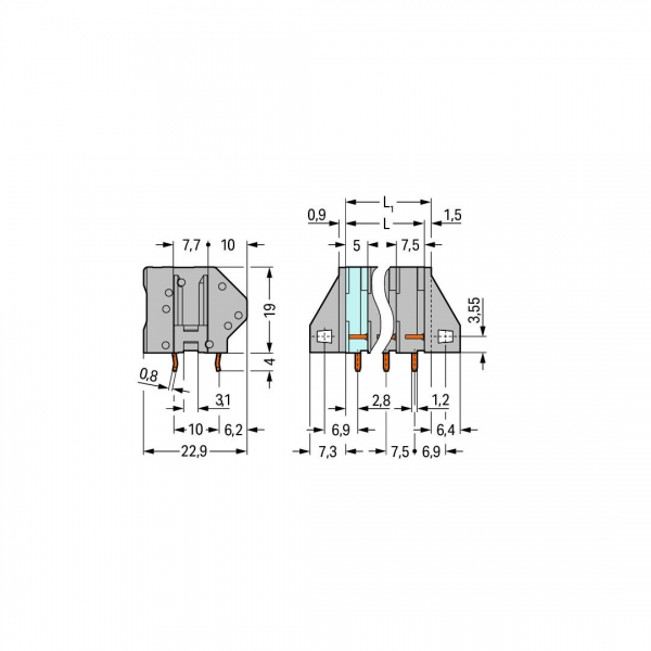 Wago 745-152 180 Adet 4mm2 Gri Flanşsız 2li Modül Yüksek Akım PCB Klemens - Thumbnail